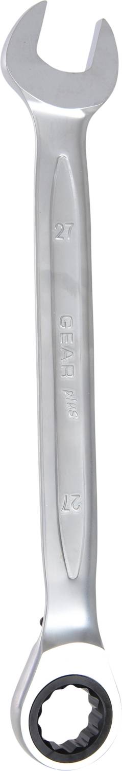 Une clé à molette en argent avec mécanisme à cliquet, taille 21 mm, en métal. Principalement utilisée pour les travaux mécaniques.