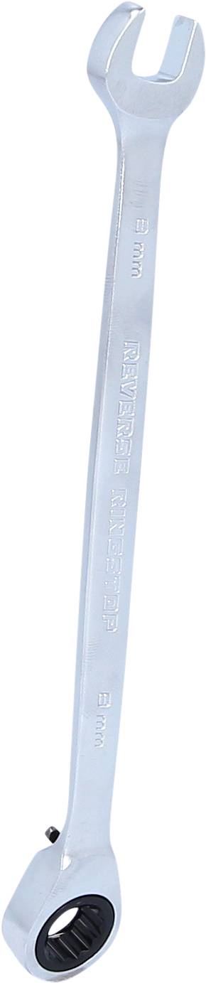 Une clé plate à cliquet en argent, taille 13 mm, adaptée aux travaux de vissage en mécanique et en construction.