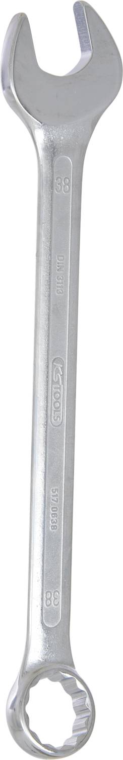 Une clé à fourche en argent avec une extrémité ouverte et une extrémité à anneau. Adaptée pour les écrous ou les vis à tête hexagonale.