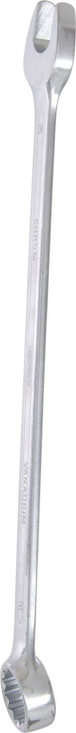 Une clé à fourche longue en argent avec deux extrémités : une ouverte et une en anneau, destinée à serrer des vis et des écrous.