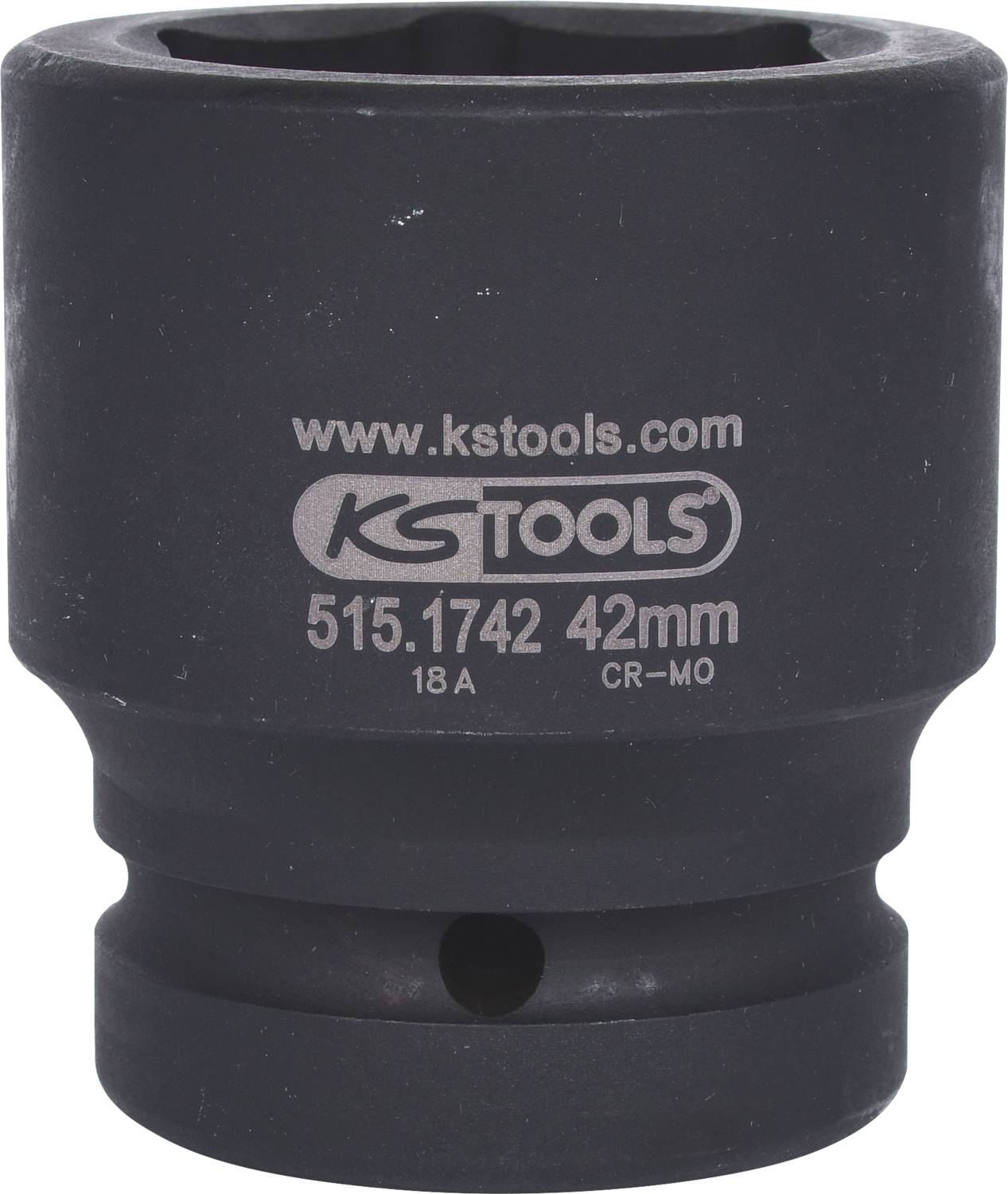 Sur l'image est représentée une douille noire portant les inscriptions 'www.kstools.com', '515.1742', '42mm', '18A', 'CR-MO'.