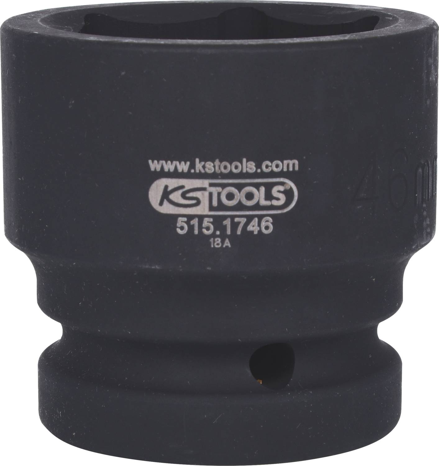 Écrou à frapper noir avec texte imprimé 'www.kstools.com' et 'KS TOOLS 515.1746 18A'. Utilisé pour des travaux mécaniques.