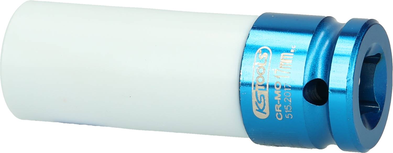 Une douille à six pans en métal de couleur bleue avec un protège-embout en plastique blanc, portant l'inscription 'KS Tools 17 mm'.