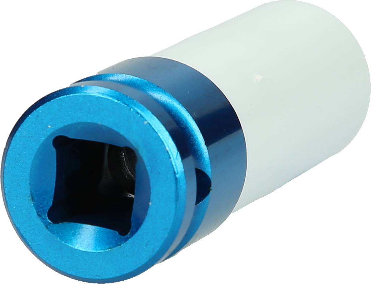 Outil cylindrique bleu et blanc avec un trou carré, probablement un douille à emboîter, destiné à être fixé sur un outil de rotation.