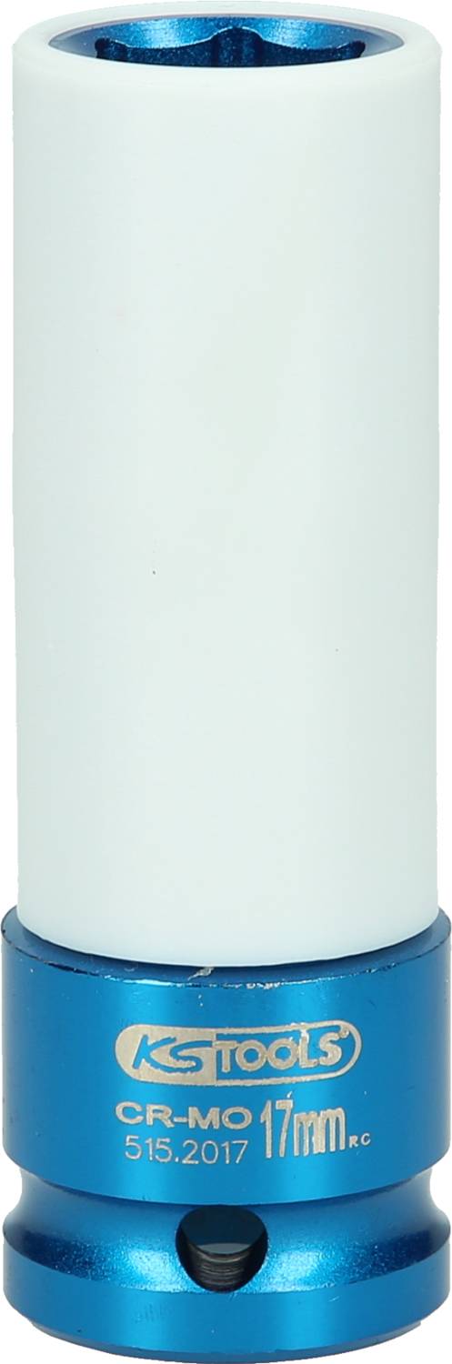 Une clé à cliquet blanche et bleue portant l'inscription 'KS TOOLS 17mm', utilisée pour les travaux de vissage.