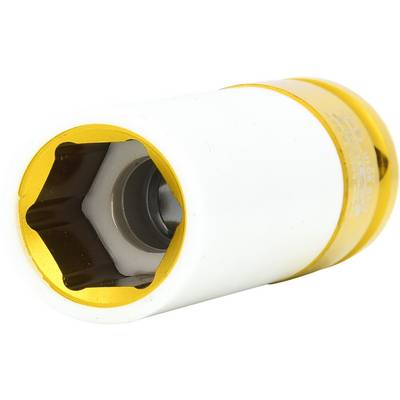 Douille blanche à bordure jaune, utilisée pour le desserrage et le serrage des vis et des écrous, notamment dans le domaine automobile.