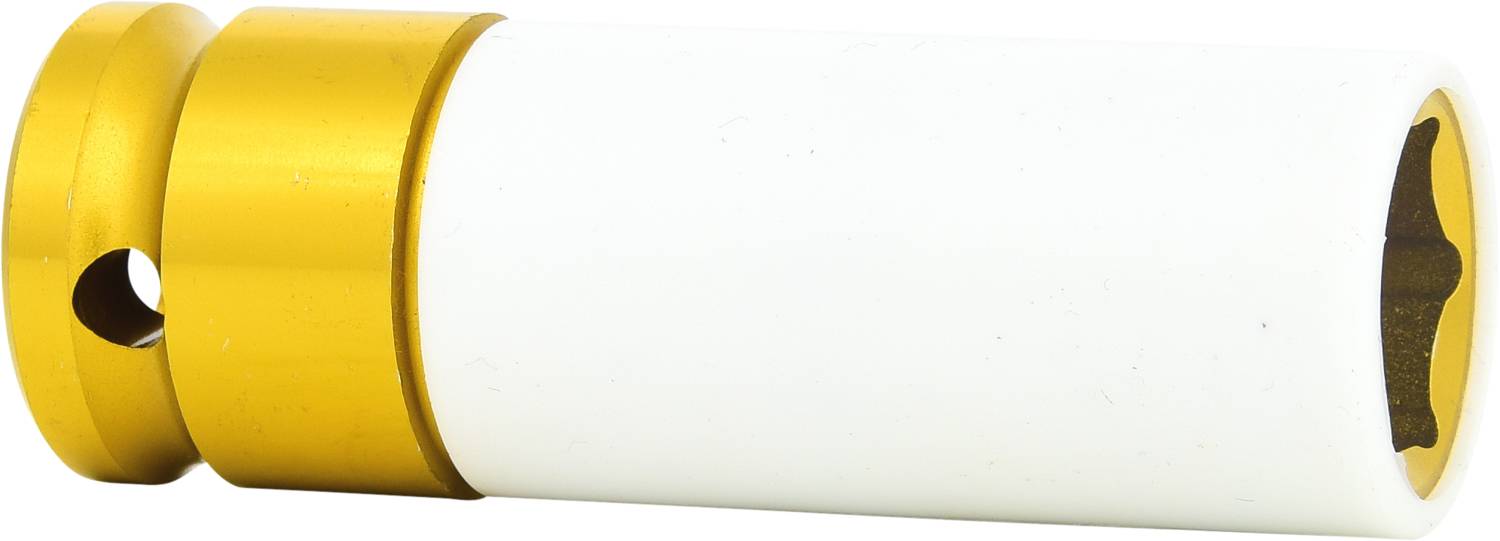 Objet cylindrique avec des extrémités dorées et une partie centrale blanche.