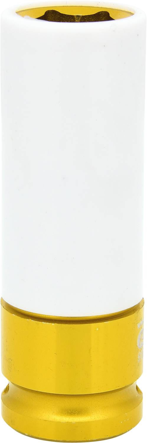 Un insert de clé à douille blanc et or avec ouverture hexagonale.