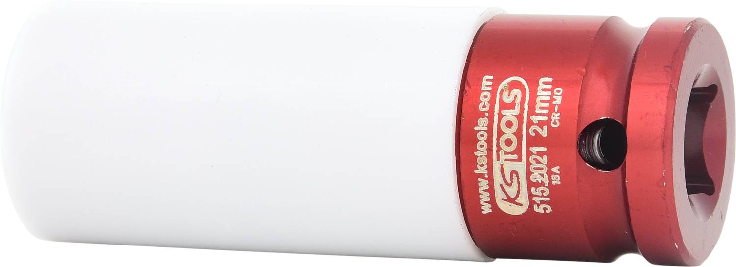 Écrou à vis blanc avec bord rouge, imprimé '21 mm'. Spécification d'outil avec adresse en ligne 'ks-tools.com'.