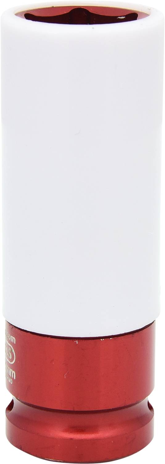 Embout de clé à douille rouge et blanc sur un fond blanc.