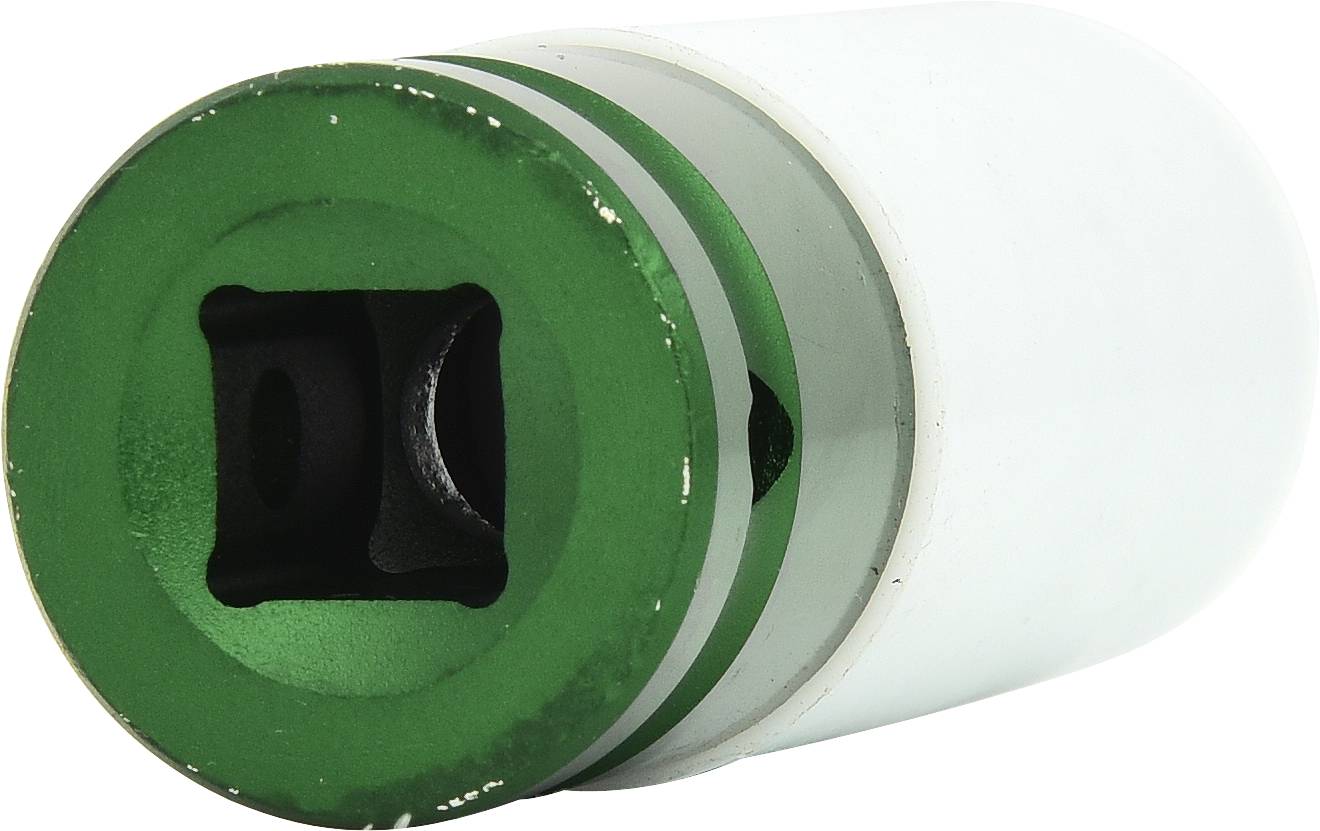 Une pièce métallique cylindrique avec une zone verte et blanche, probablement un embout de douille ou un accessoire d'outil.