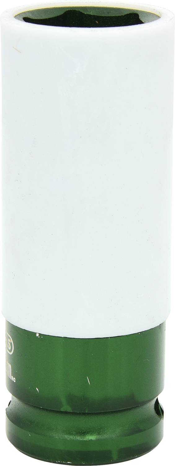 Un embout hexagonal en blanc et vert, utilisé pour des outils tels que les clés à douille afin de serrer ou desserrer des écrous et des vis.