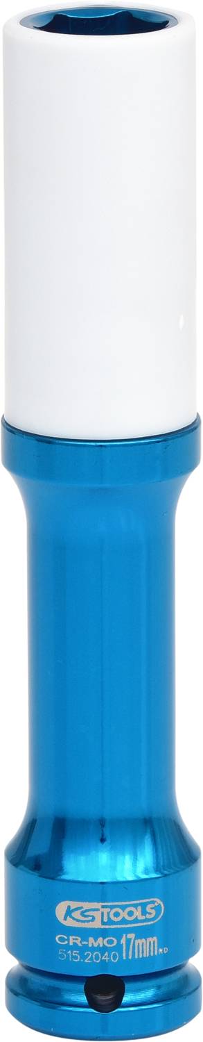 Un embout de clé à chocs bleu de KS Tools, taille 17 mm. Adapté pour desserrer les écrous de roue.