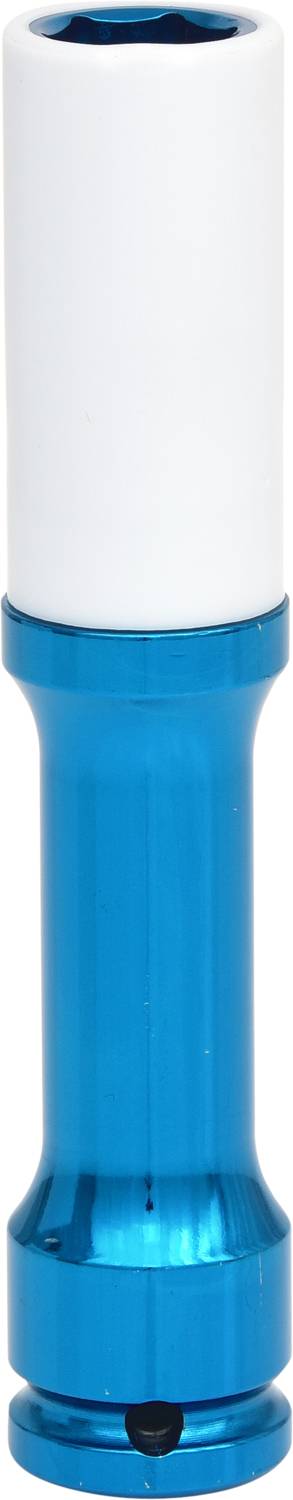 Embout de clé à douille métallique bleu avec revêtement en plastique blanc sur le dessus. Outil de vissage pour applications spécifiques.