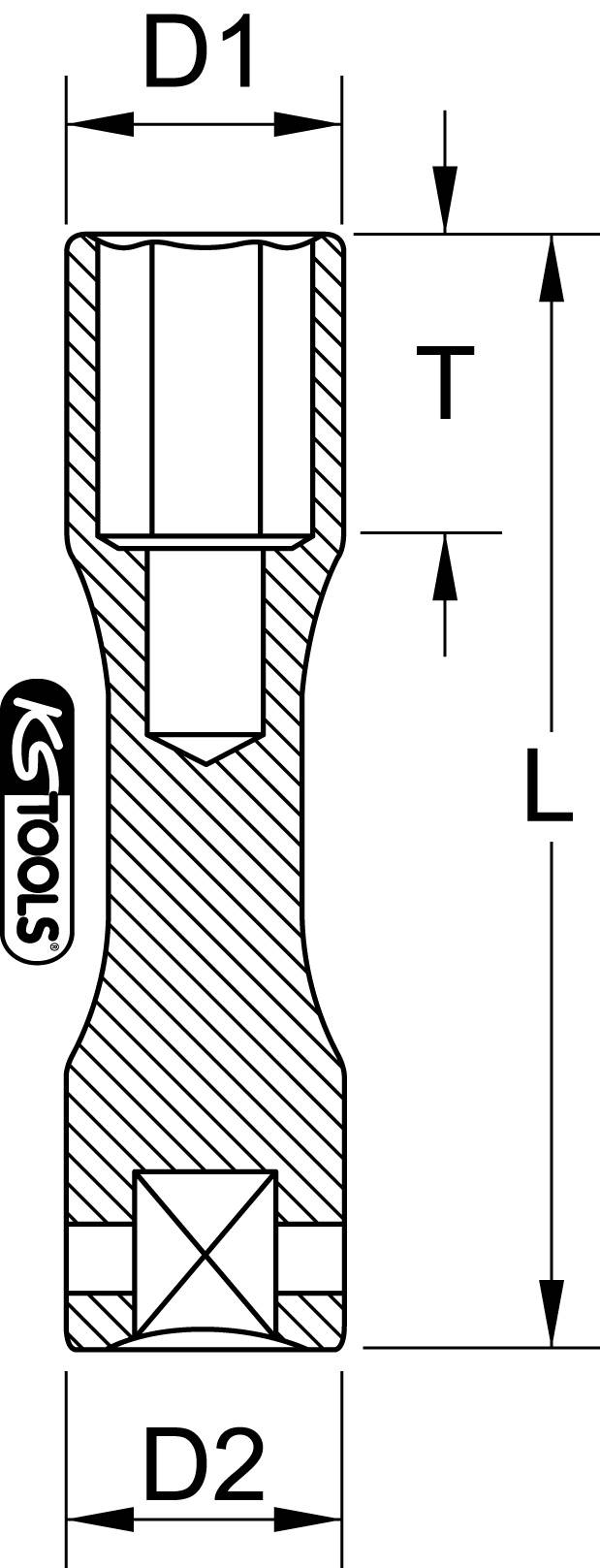 Diagramme d'un outil avec les dimensions D1, D2, T et L marquées. Nom de marque 'KS Tools' sur le côté.