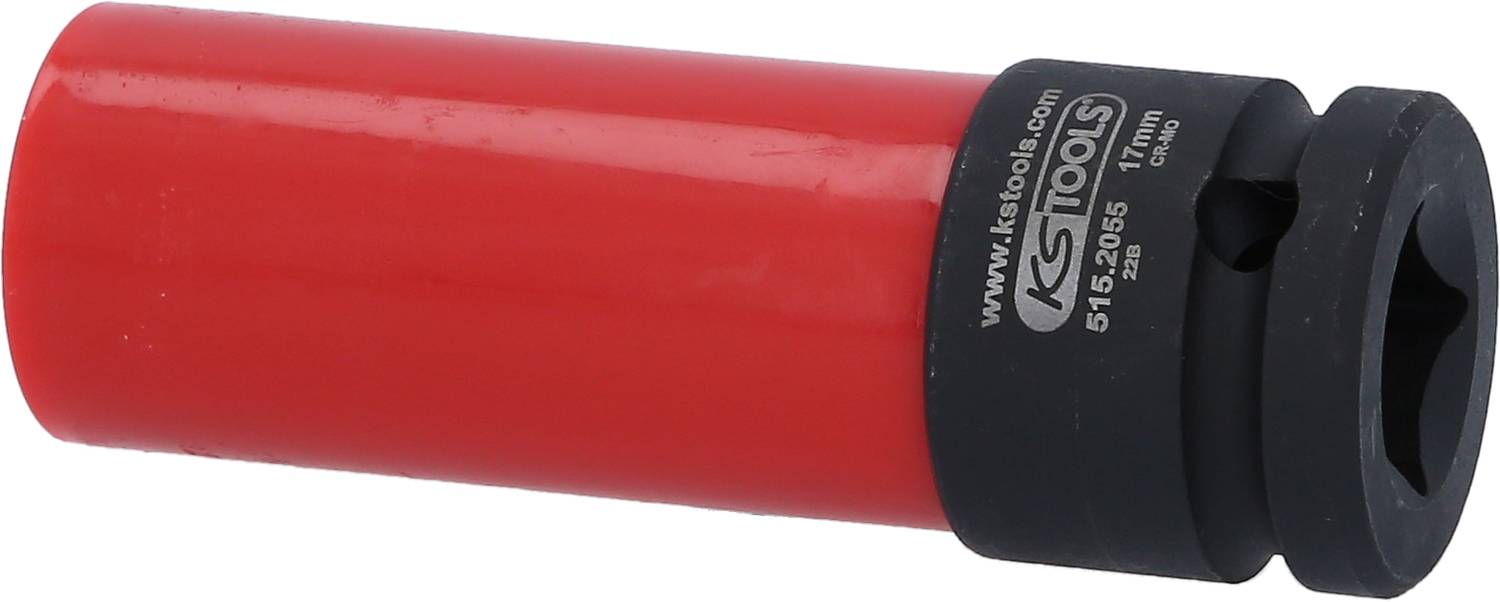 Un écrou de puissance à impact rouge avec un anneau noir et l'inscription 'KS Tools'. Utilisation : protection des écrous de roue lors du montage/démontage.