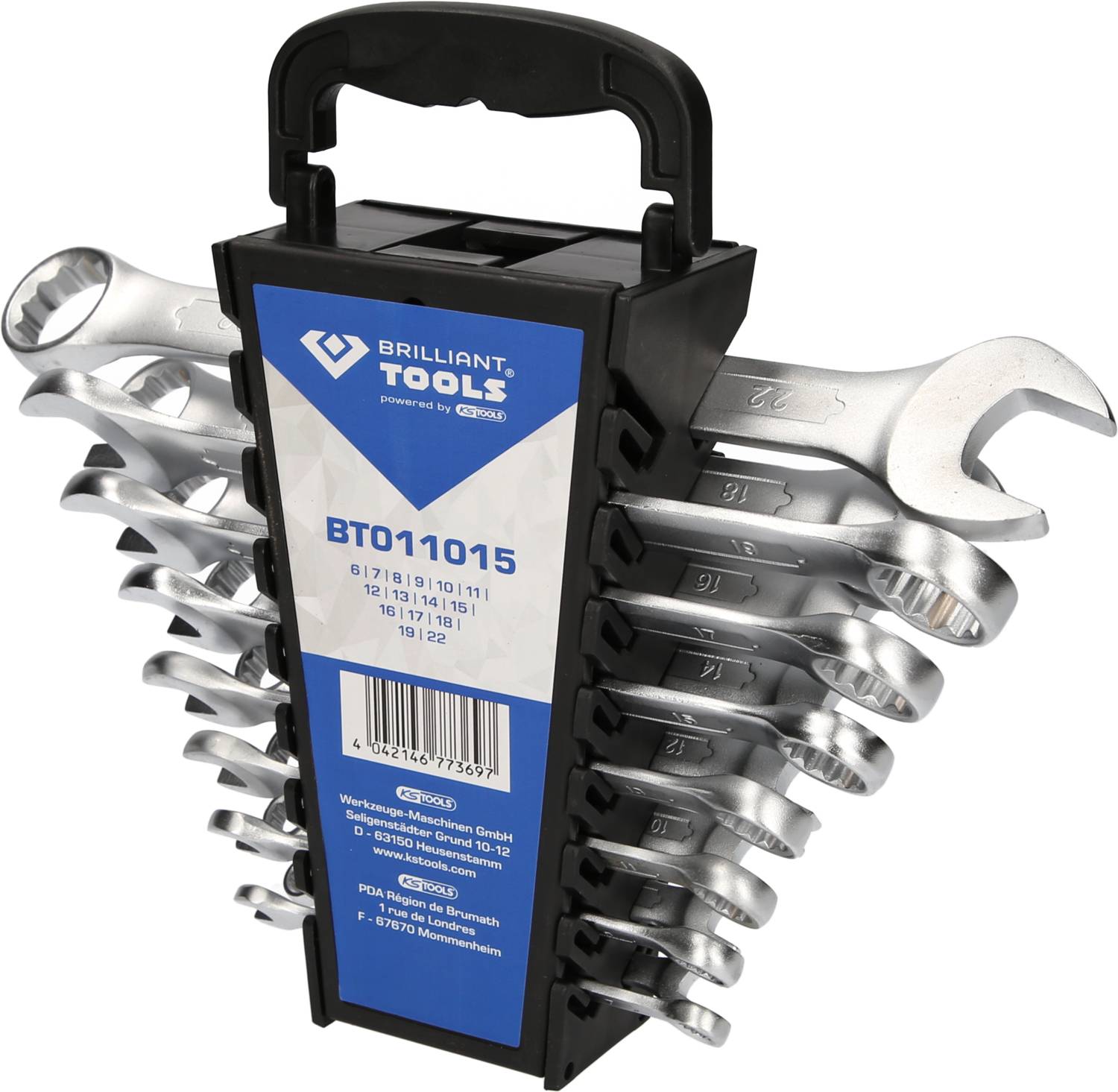 Un ensemble de douze clés plates dans un support noir, adapté pour différentes tailles allant de 8 à 19 mm.