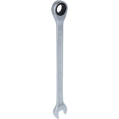 Une clé à molette en argent avec mécanisme à cliquet, adaptée aux vis à tête hexagonale externe.