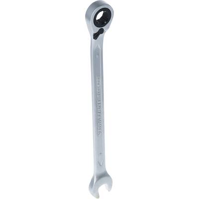 Une clé à fourche en argent, dotée d'un mécanisme à cliquet à l'extrémité. Idéale pour les travaux dans des zones mécaniques difficiles d'accès.