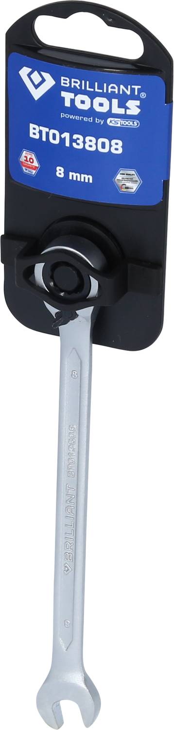 Une clé à molette en argent de la marque 'Brilliant Tools', modèle BT013808, taille 8 mm, fixée sur un emballage noir.