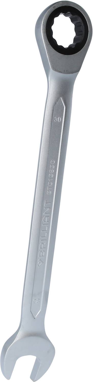Une clé à cliquet en argent, avec une extrémité à fourche ouverte et l'autre extrémité à cliquet fermé.