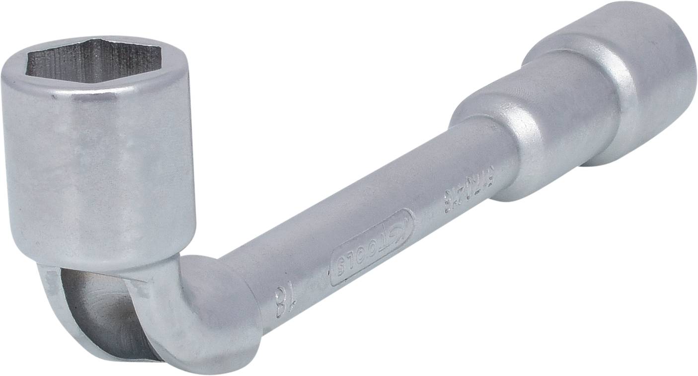 Clé métallique avec douille hexagonale et manche coudé. Adaptée pour serrer et desserrer des vis.