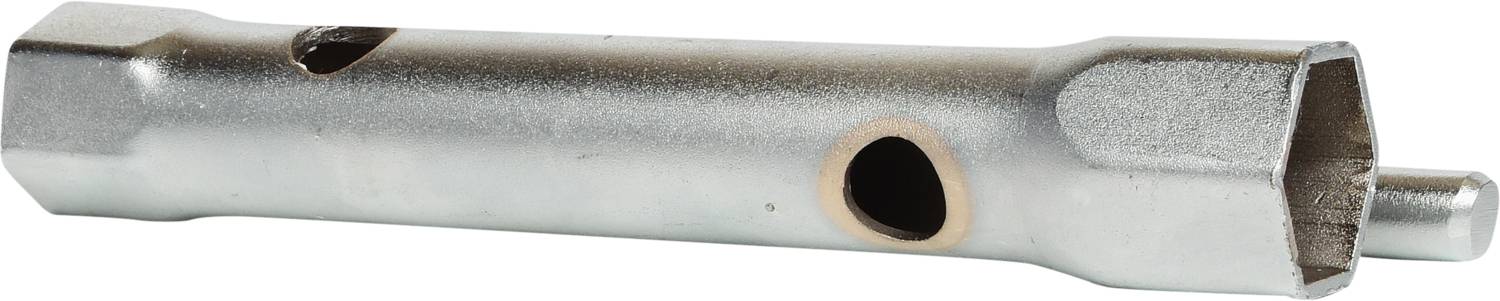 Clé métallique pour bougie avec deux ouvertures hexagonales de tailles différentes, permettant de déposer et d'installer des bougies d'allumage.