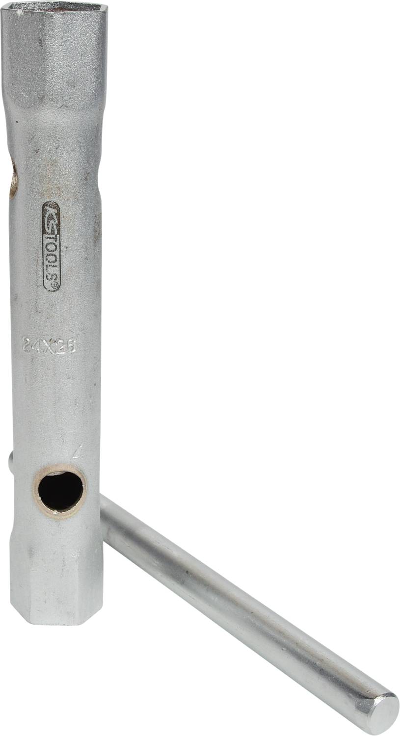Une clé à bougie en argent avec une tige de levier amovible, utilisée pour l'installation ou le retrait des bougies d'allumage dans les moteurs.