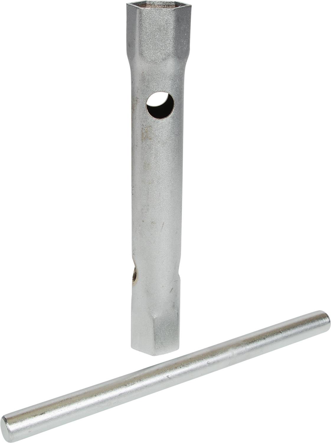Clé métallique et tige, outils typiques pour la maintenance de machines ou de véhicules. Principalement métalliques, design sobre.