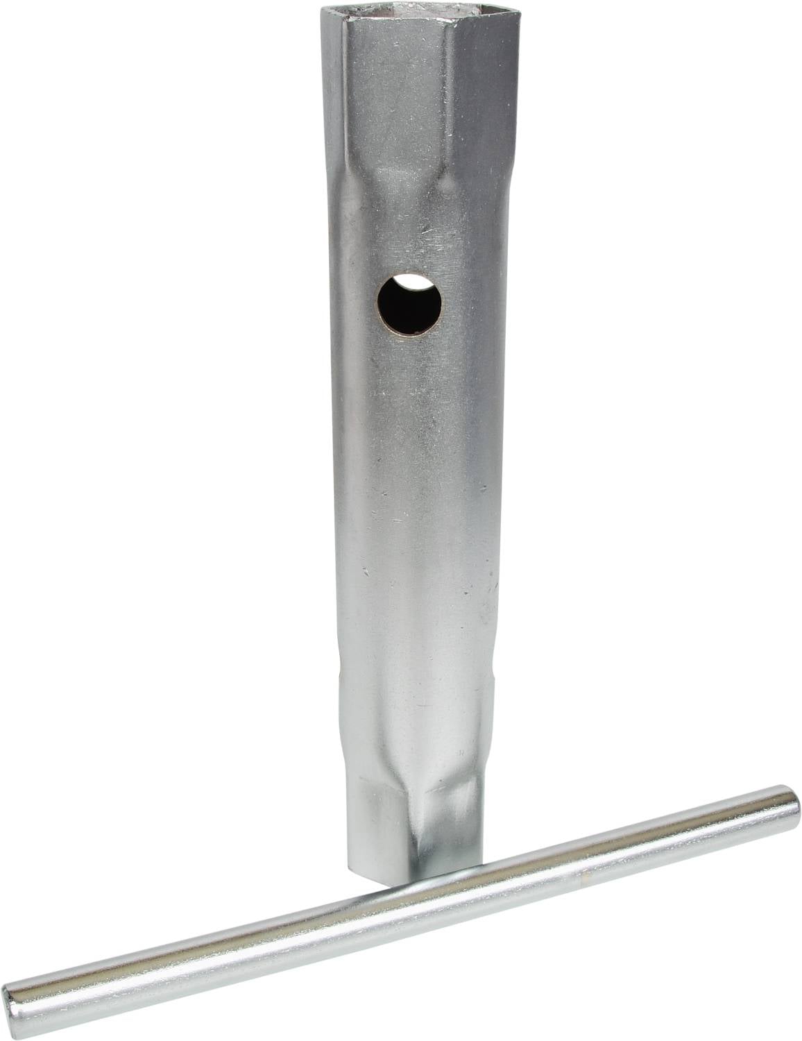 Une clé à bougie en argent avec une poignée transversale en métal.