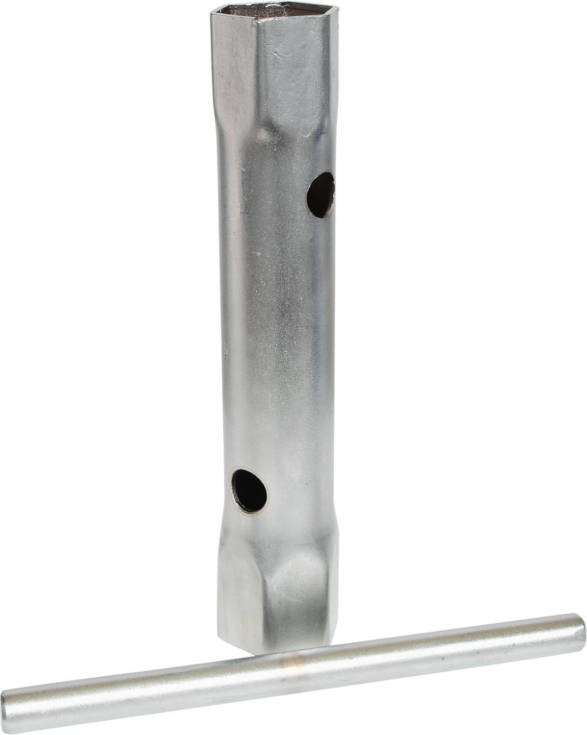 Une clé à bougie en argent avec une poignée rotative séparée, utilisée pour desserrer ou serrer les bougies d'allumage dans les moteurs.