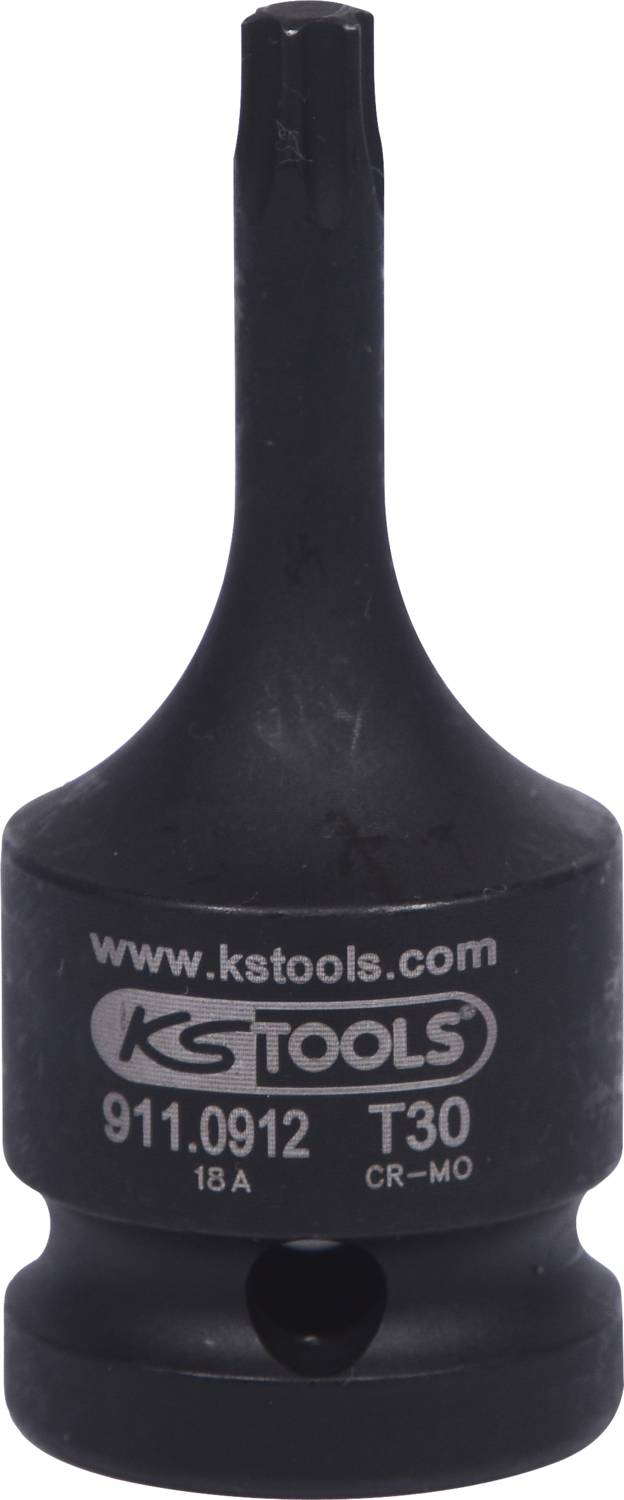 Illustration d'un embout Torx noir T30 de KS Tools avec le numéro de produit 911.0912 sur la face avant.