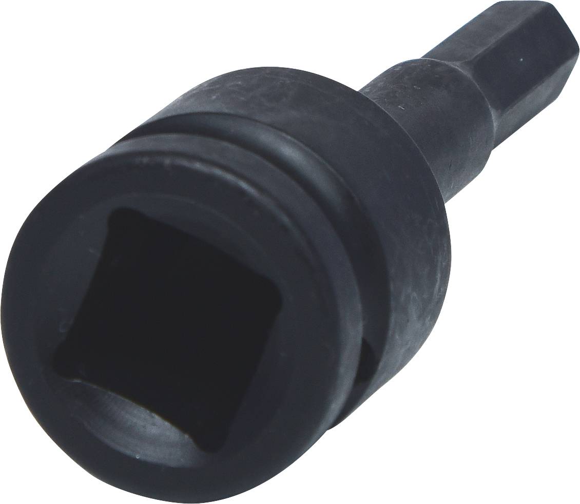 Un adaptateur hexagonal noir en métal, conçu pour être utilisé avec un outil de fixation de clés à douille.