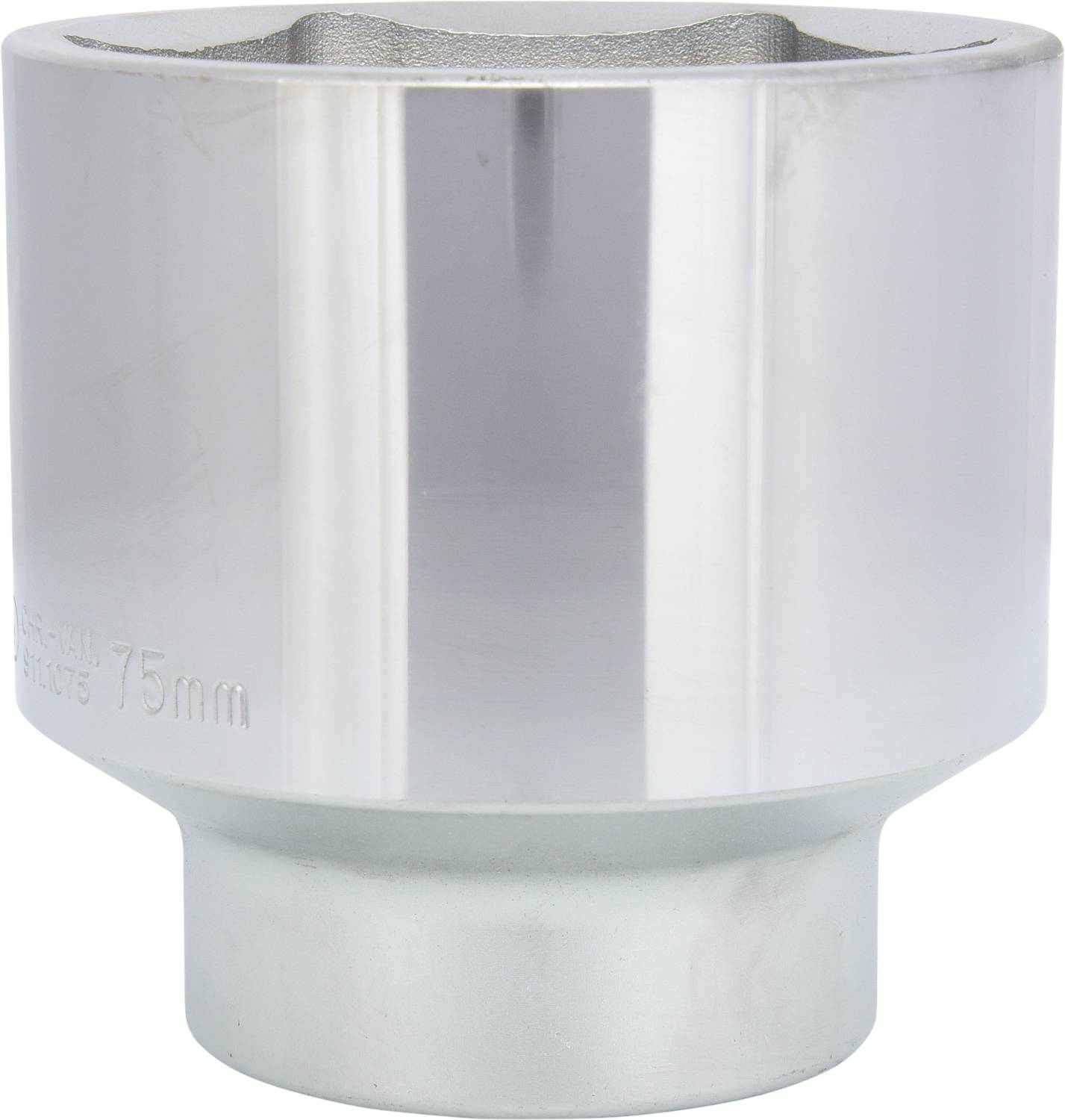 Une noix cylindrique en argent avec une surface lisse, adaptée à une utilisation dans des applications mécaniques. Texte '75mm'.