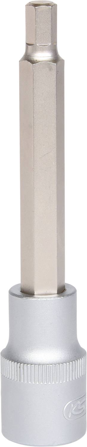 Un embout de vissage hexagonal argenté, disposé verticalement, composé d'une longue tige métallique hexagonale avec un socle rond.