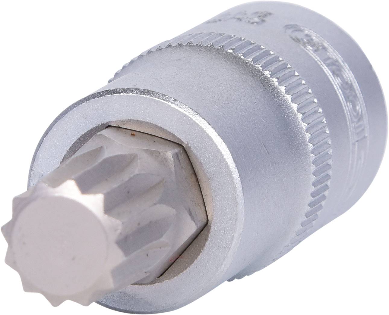 Un embout à plusieurs dents en argent pour outils, avec poignée striée pour une meilleure prise en main.
