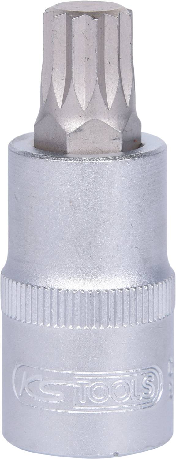 Outil cylindrique en métal avec une poignée striée et un embout en forme d'étoile à l'extrémité, utilisé pour visser.