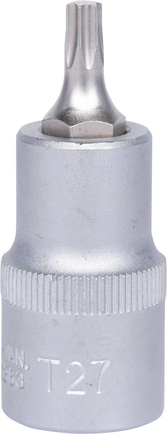 'Embout Torx métallique, taille T27, sur manche cylindrique argenté avec zone de préhension striée et texte imprimé.'