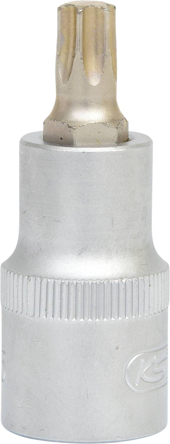 Un embout Torx en argent avec une base cylindrique et une pointe en forme d'étoile. Utilisé dans les outils pour la fixation des vis.