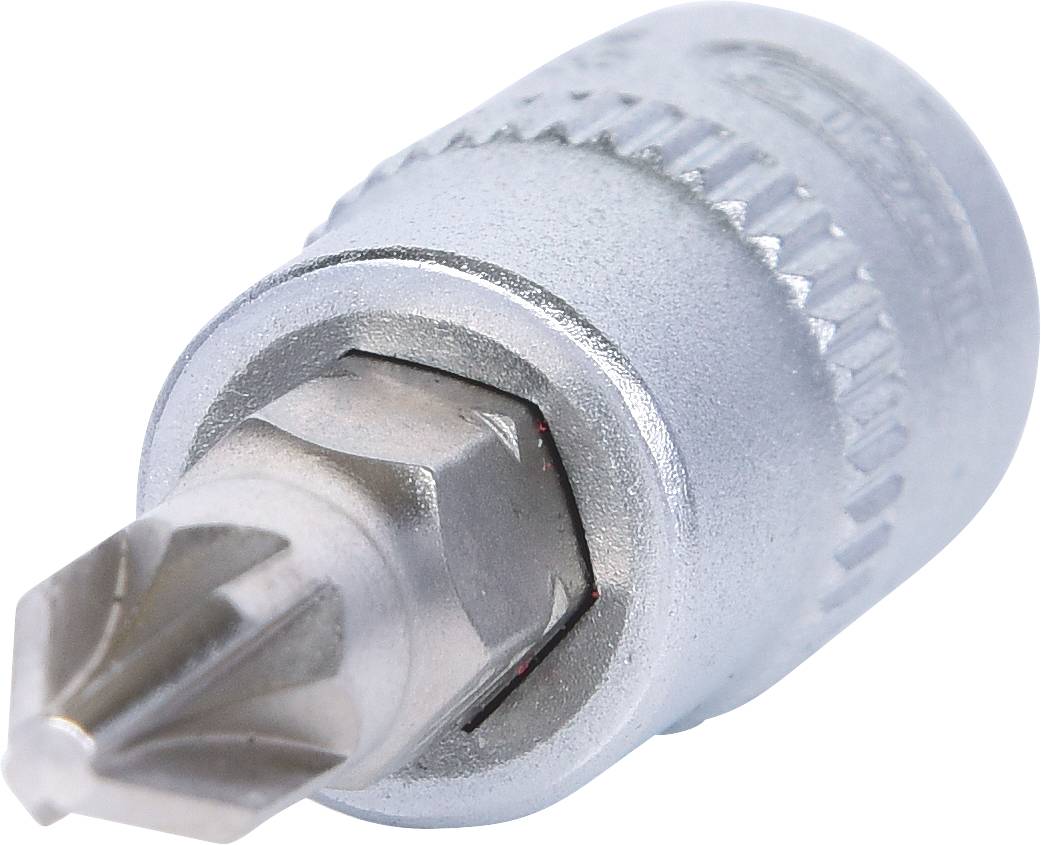 Un embout de tournevis en argent à prise hexagonale, adapté pour des travaux précis sur des assemblages métalliques ou en bois.