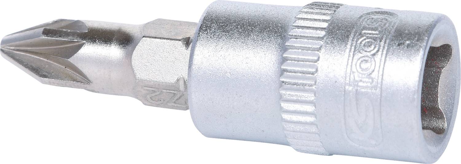 Un embout de tournevis à douille en argent avec base hexagonale et pointe cruciforme.