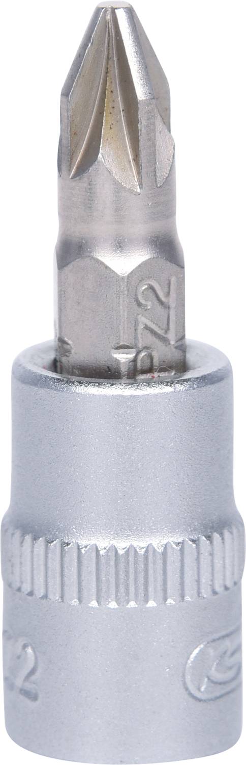 Un embout de tournevis en argent avec une pointe à empreinte cruciforme, adapté aux vis Phillips.