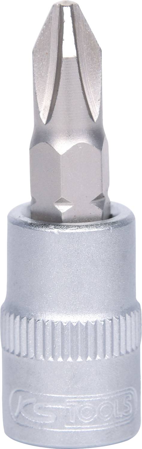 Embout cruciforme en métal, de forme cylindrique, compatible avec tournevis ou perceuses.
