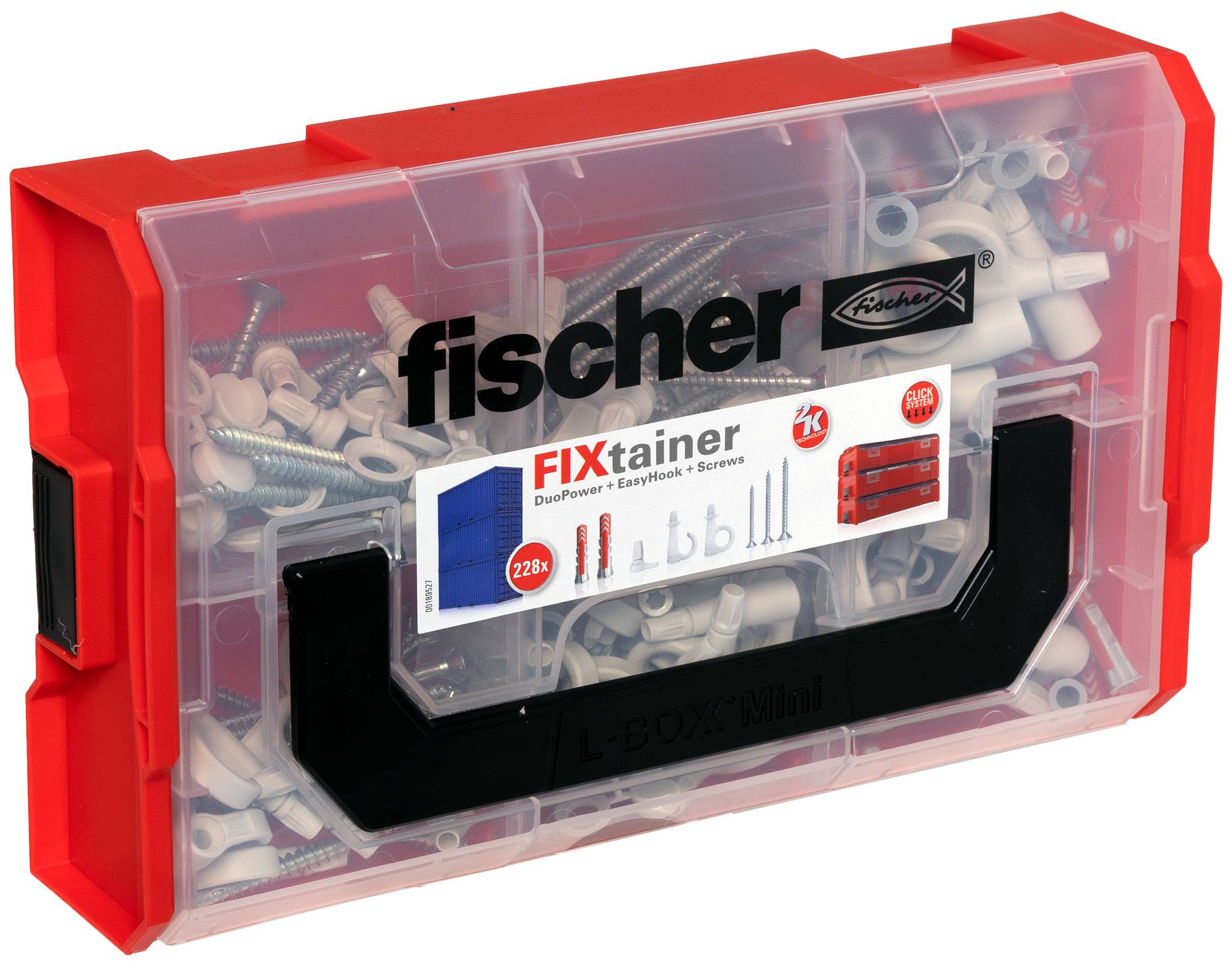 Boîte de rangement Red Fisher FIXtainer remplie de vis, chevilles et éléments de fixation assortis, présentée fermée sur un fond blanc.