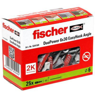 Kit d'ancres de fixation murale Fischer DuoPower 6x30 EasyHook Angle, boîte avec vis et ancres visibles à travers une fenêtre, ensemble de 25 pièces.