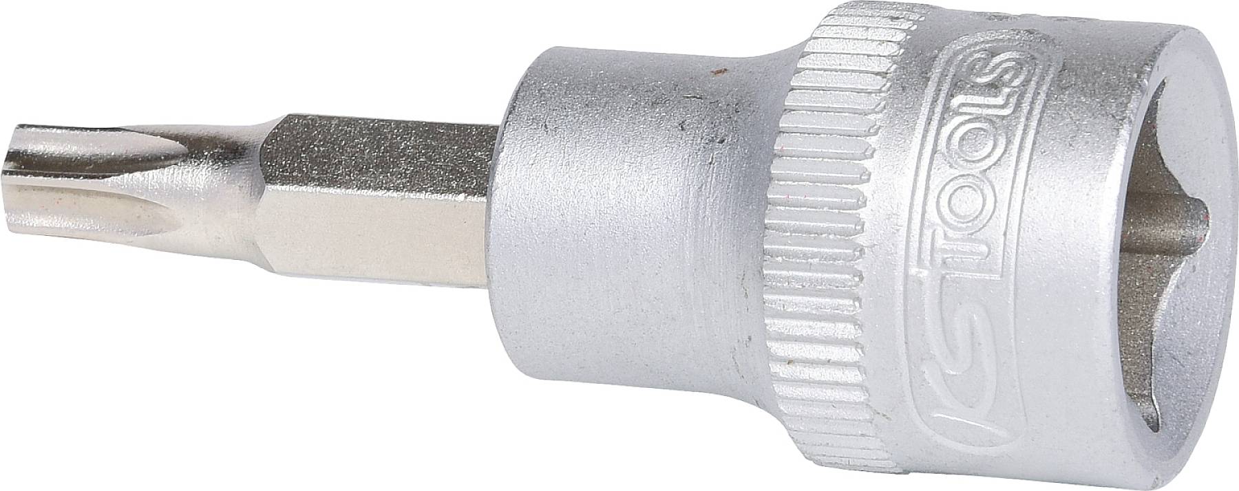 Un embout de tournevis argenté avec base hexagonale et bord strié. Marquage d'une marque visible sur le côté.