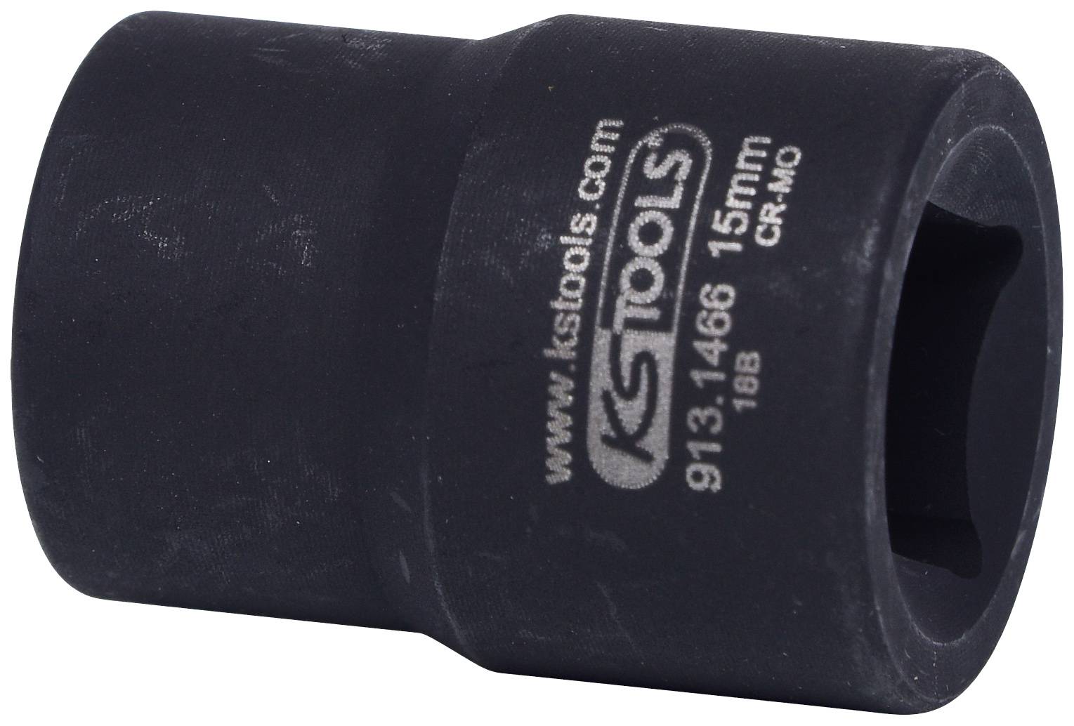 Une douille noire portant l'inscription 'KS Tools 913.1466 15mm CR-MO', adaptée pour une utilisation avec une clé à douille.