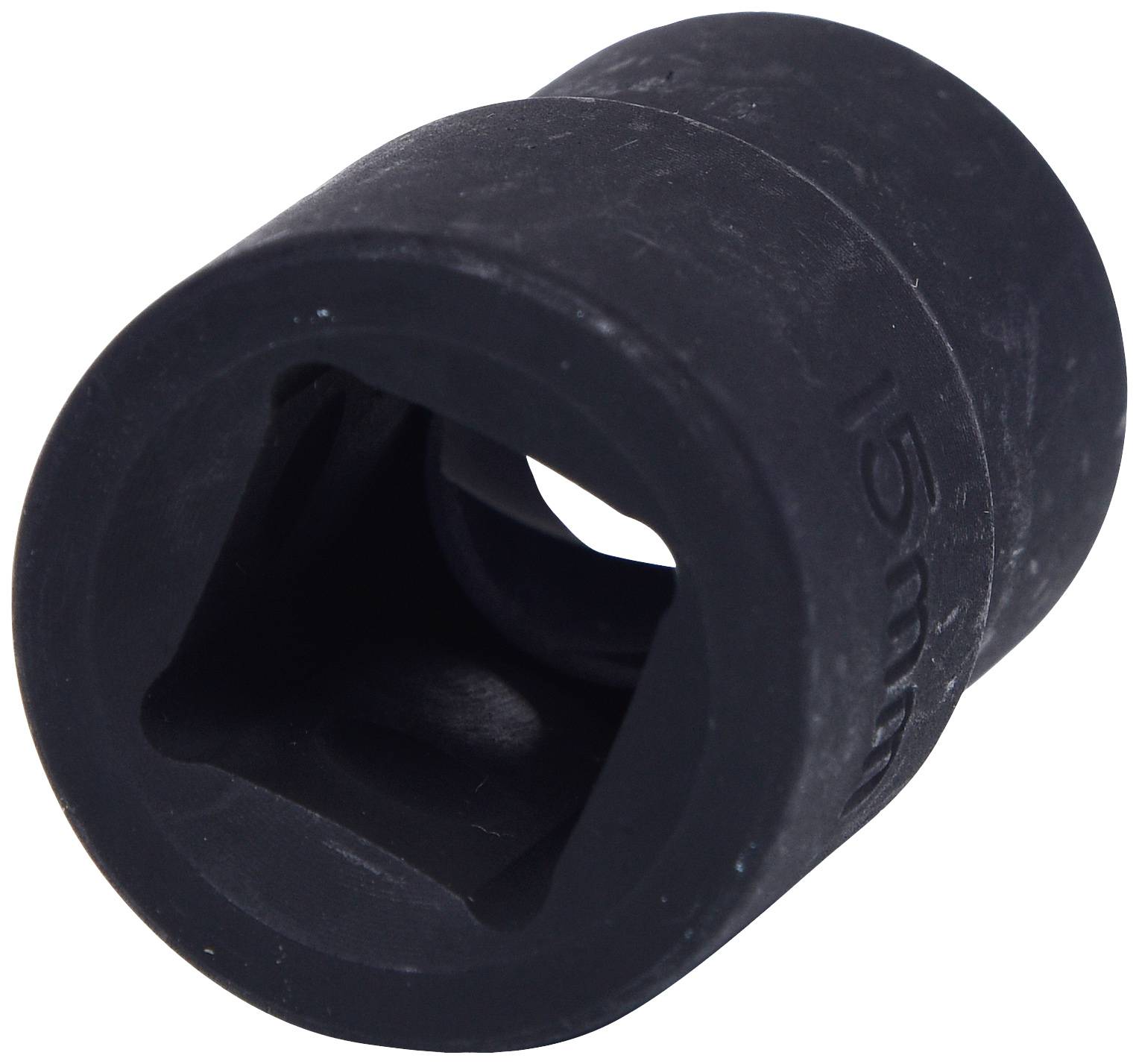 Une noix de serrage noire en métal avec une ouverture carrée et une inscription gravée '19 mm'.
