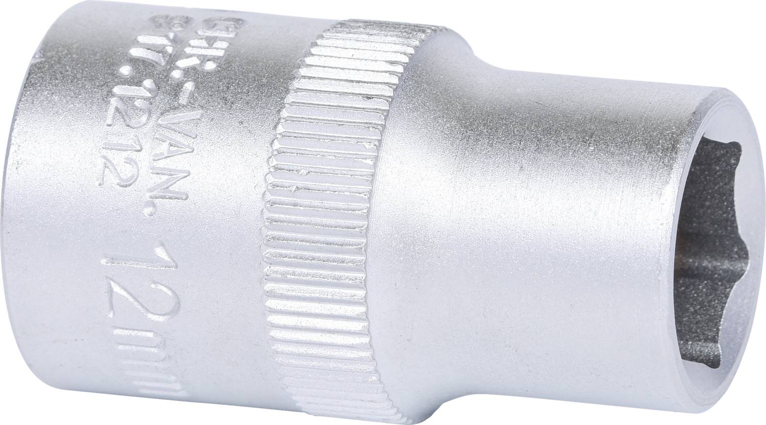 Clé à douille de 12 mm, en métal argenté, présentant une ouverture hexagonale et une surface extérieure striée pour une meilleure prise en main.