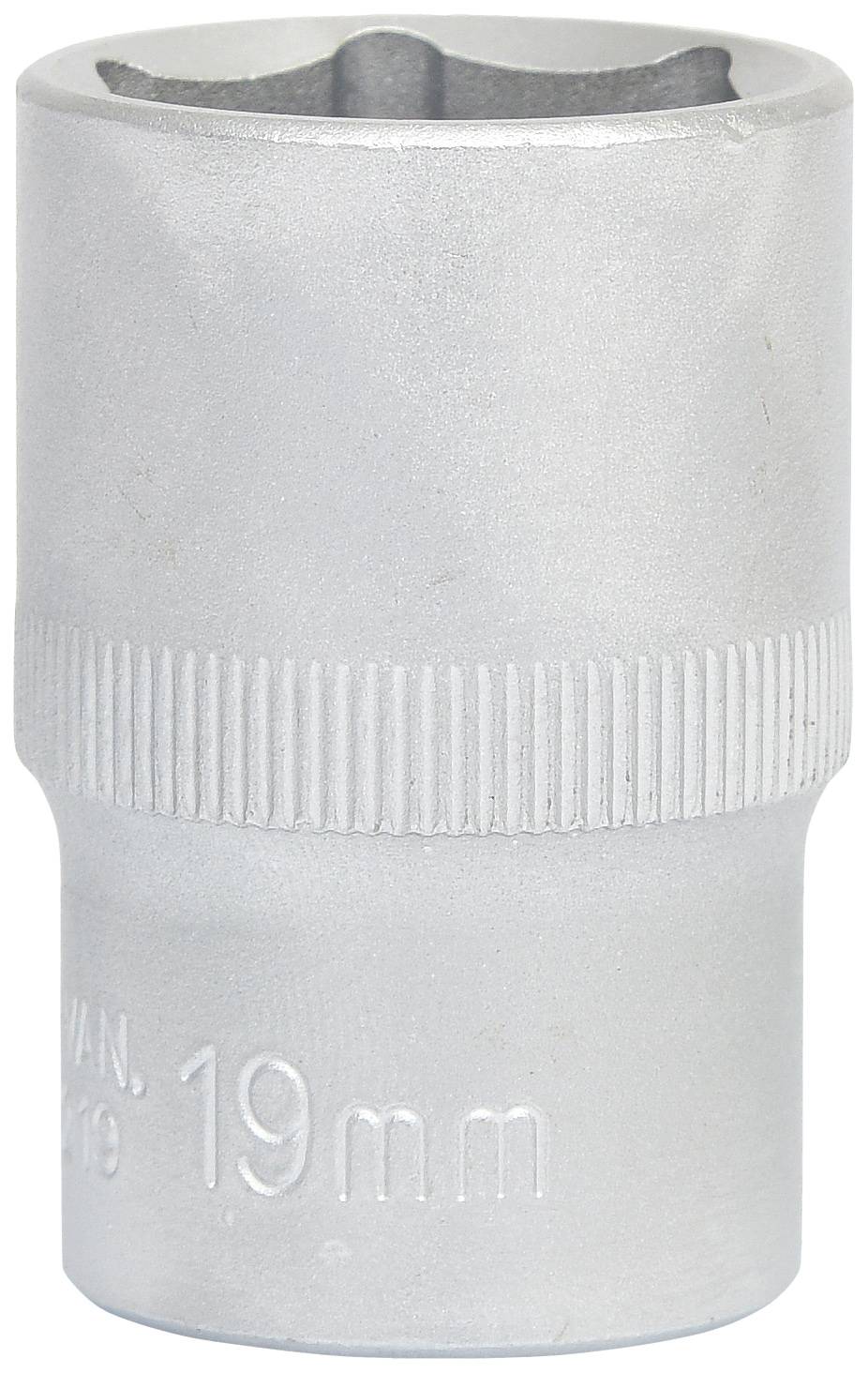 Douille à cliquet de 19 mm, adaptée aux travaux mécaniques, surface métallique argentée, manche cannelé.